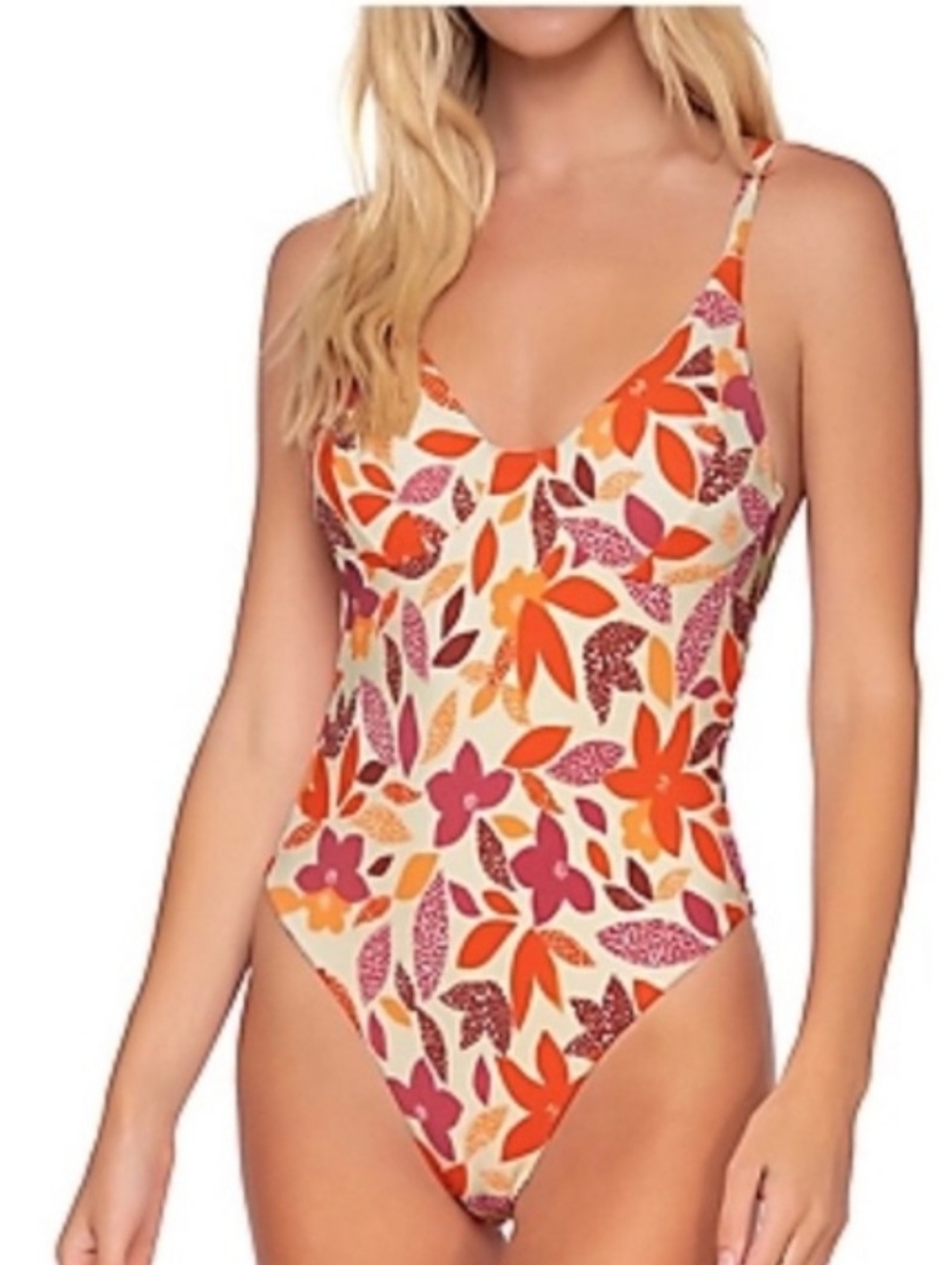 Swim Systems Retro Floral High Cut One Piece Size Small Orange Resortwear 70s